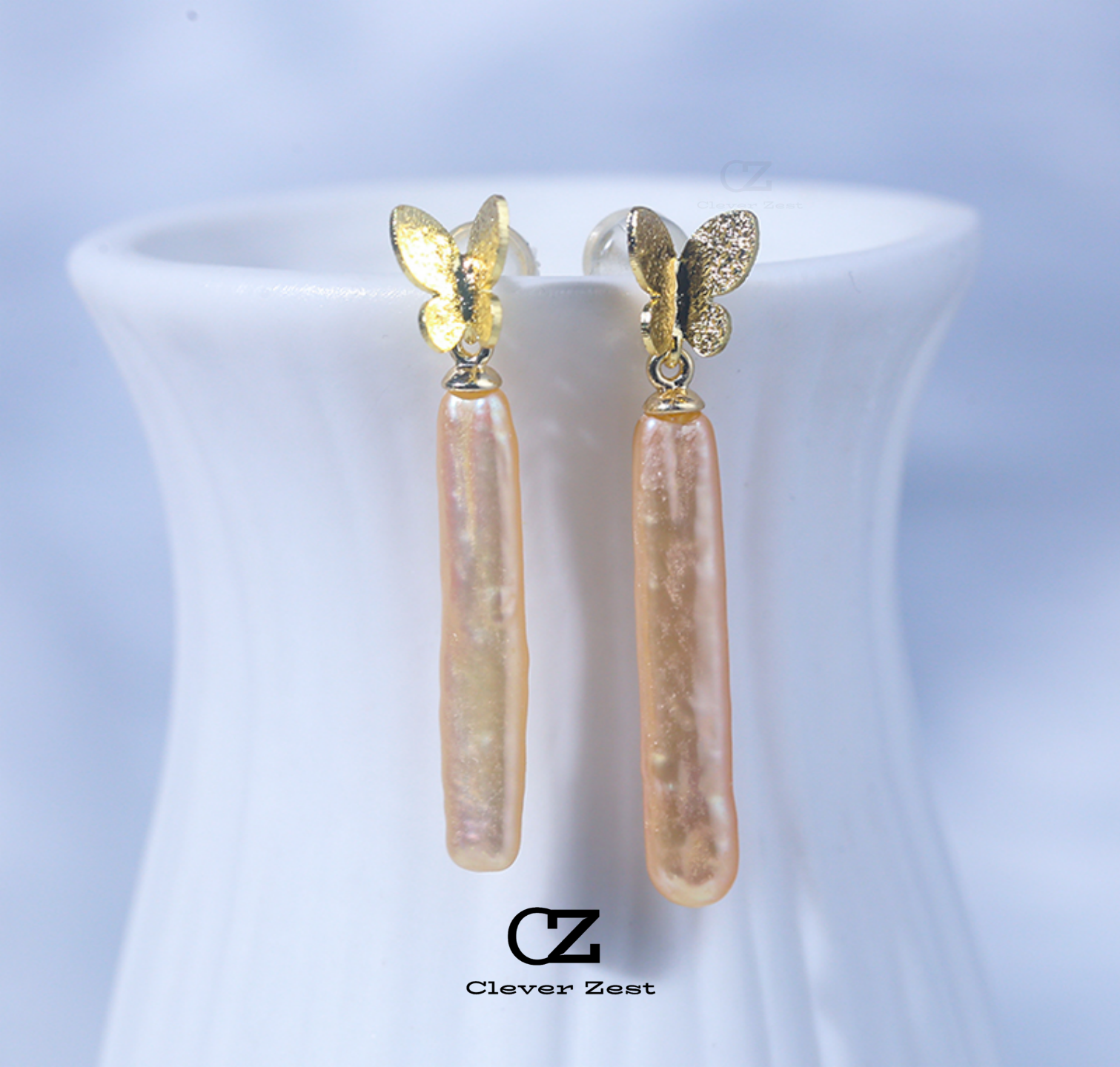Natural Baroque Champagne-Colored Pearl Butterfly Earrings 14K Gold-Filled Fashionable Versatile Trend-Setting Anniversary Gift Best Friend Gift
