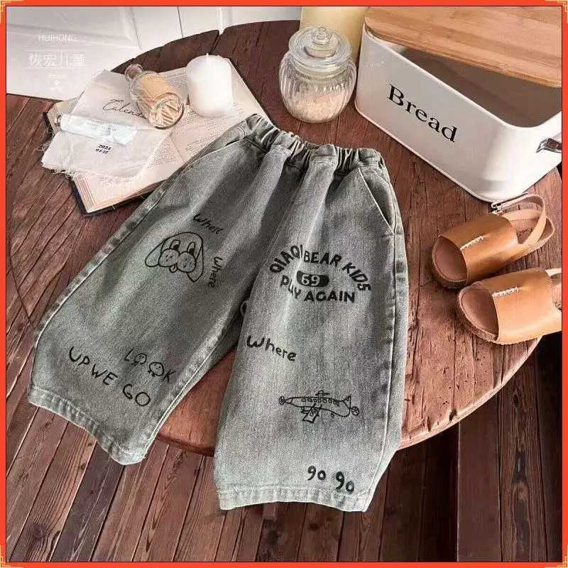 Trousers Spring and Autumn 2025 New Childrens Korean Jeans Boys and Girls Cartoon Printed Graffiti Straight Pants Long PantsT251017