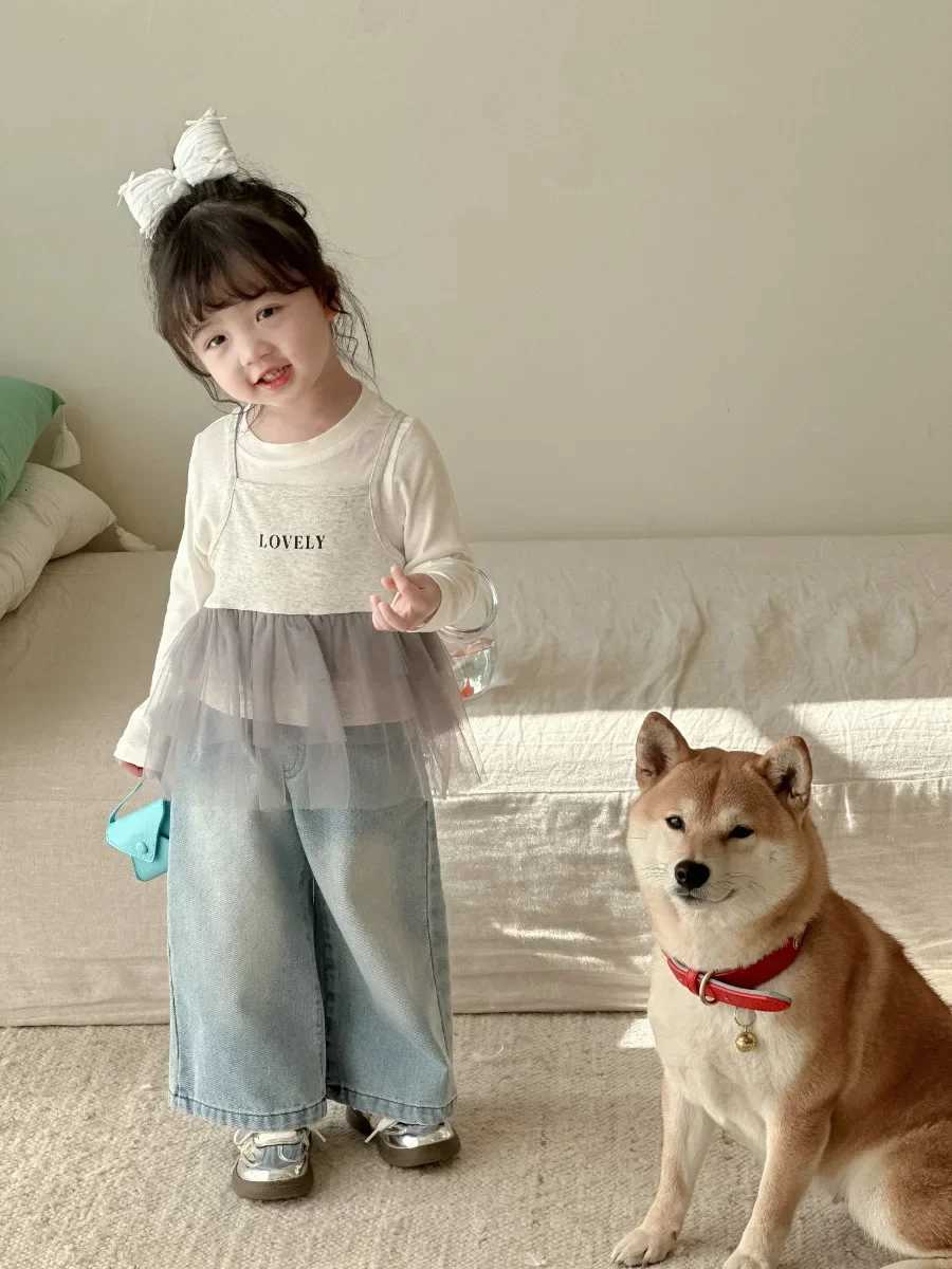 Girls Lace Straight Leg Jeans 2025 Spring Children Clothing Pants Children Korean Wide Leg Denim PantsT251017