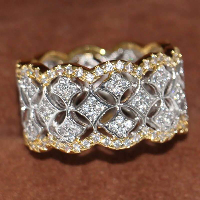 Size 5-11 Cool Cute Sparkling Jewelry Sterling Sier&Gold Filled Prismatic 5A CZ Diamoind Women Wedding Band Ring for Lovers'