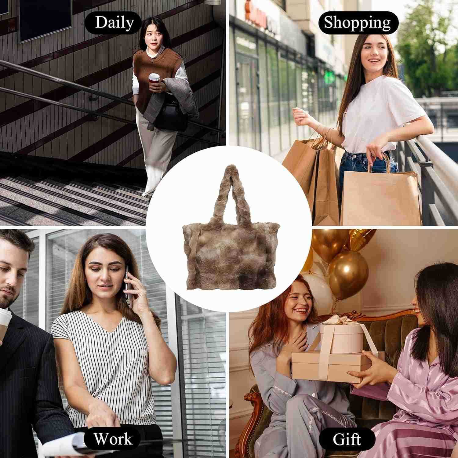 Tote Bag Large Fur Purses for Women Winter Fuzzy Totes Furry Shoulder Handbag Plush Bags M251017