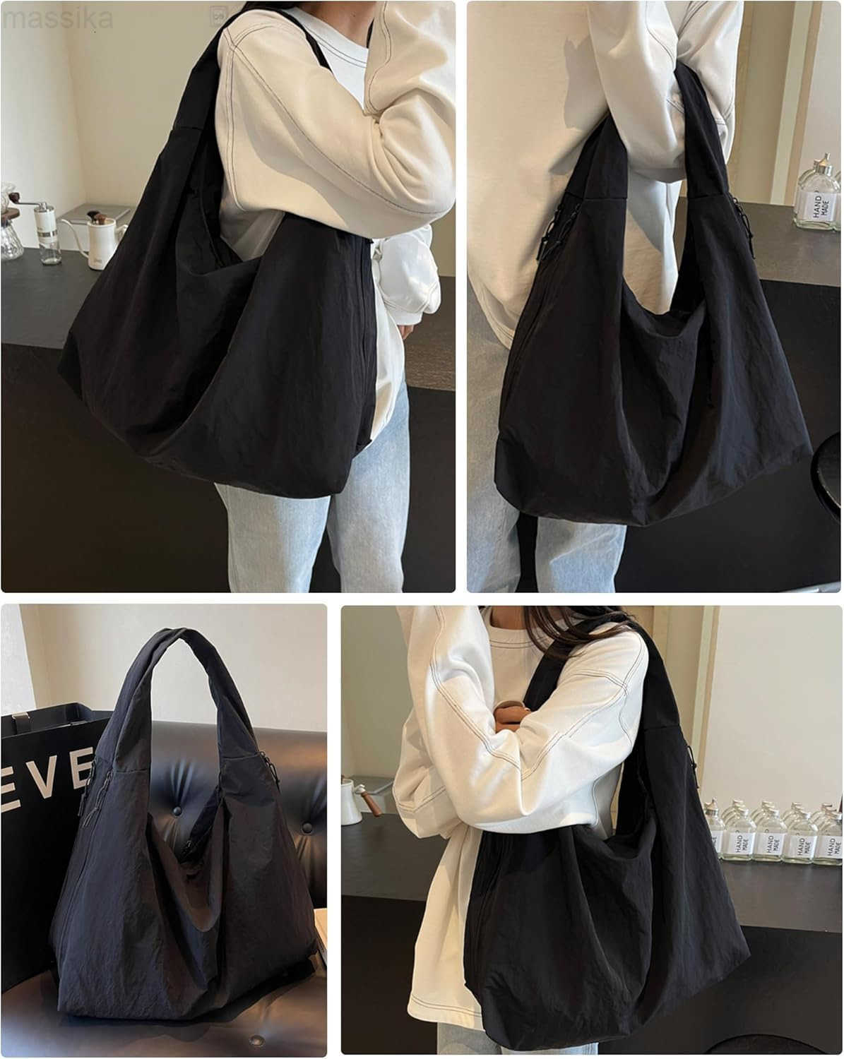 Tote Bag Slouchy Hobo Bag for Women Nylon Handbag Solid Color Draped Shoulder Bag Large Underarm Purse M251017