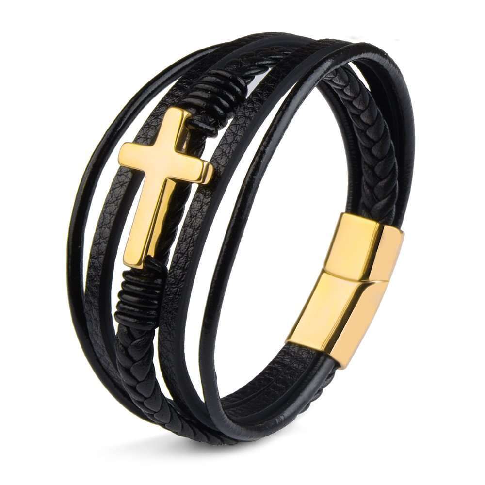 Cross for Men Multi-layer Handmade Woven Rope Magnetic Clasp Genuine Leather Bracelet