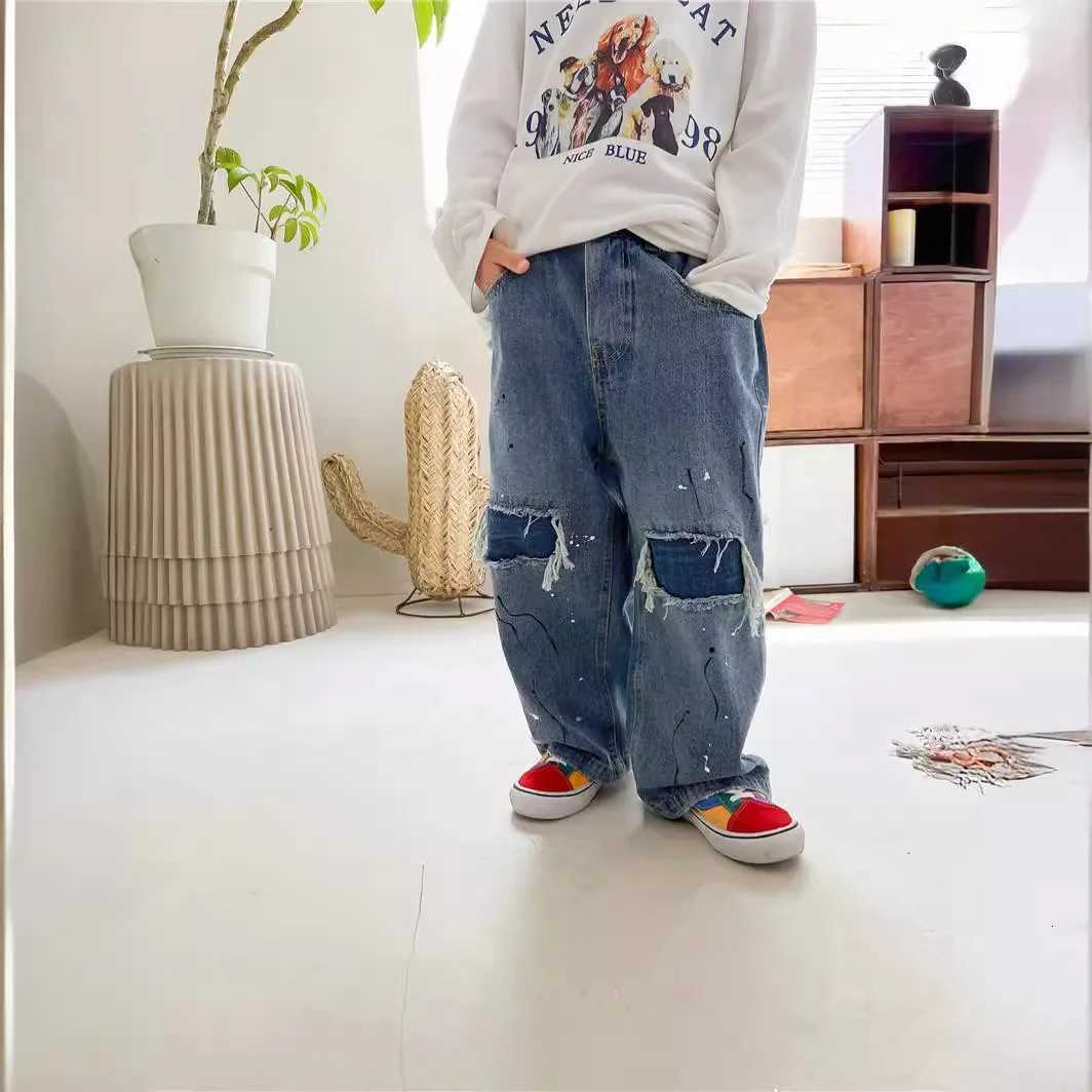 2025 New Spring Kids Pants Ripped Jeans Fashion Korean Simple Style Baggy Wide Leg CowboyT251017