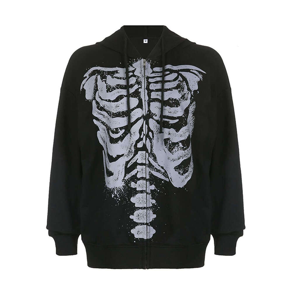 Women Y2k Spring Autumn Casual Hooded Coat Black Long Sleeve Skull Print Zipper Hoodie