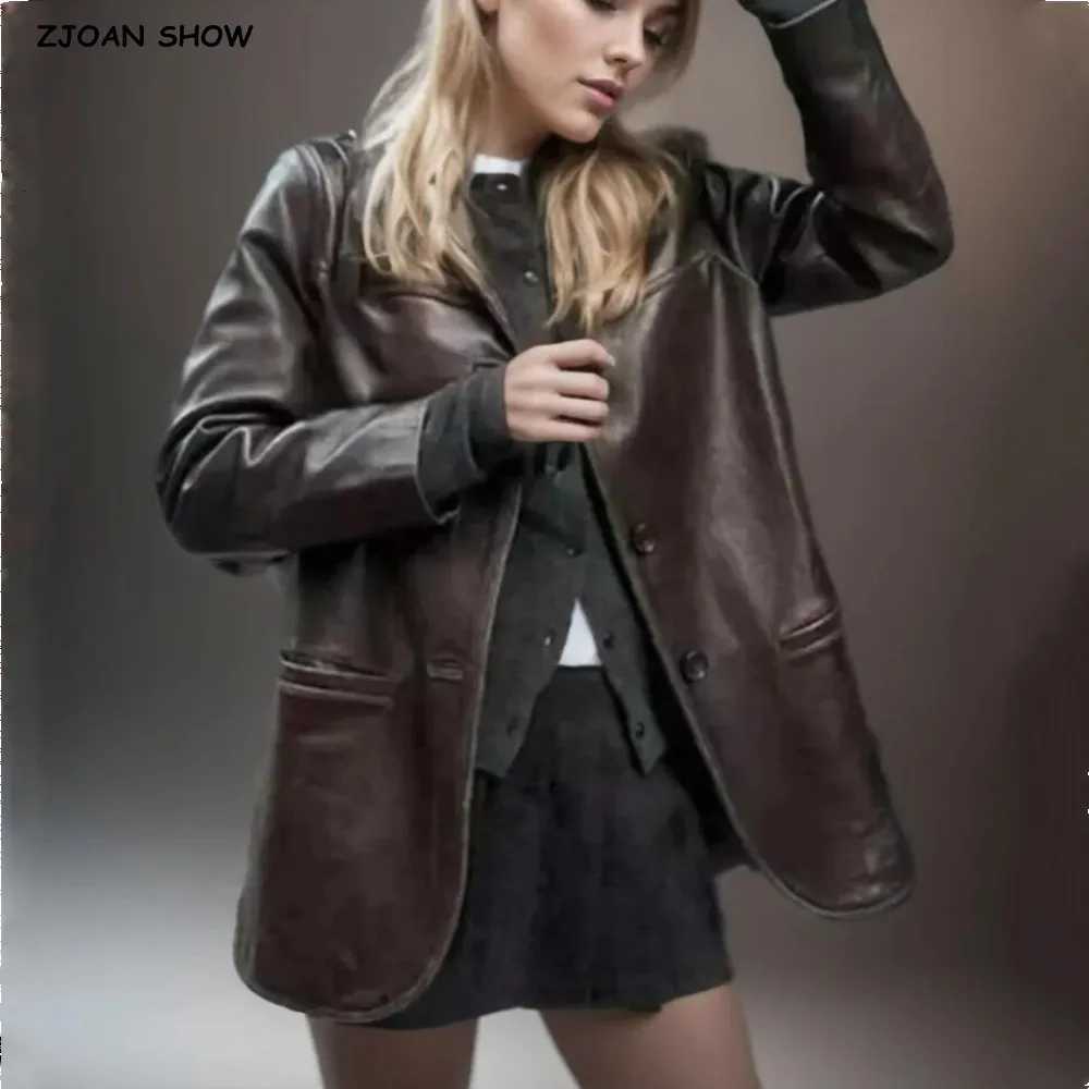 2024 American Retro Women Brown Red PU Leather Blazer Notched Collar Full Sleeve Midi Long Oversized Suits Loose OuterwearT251017