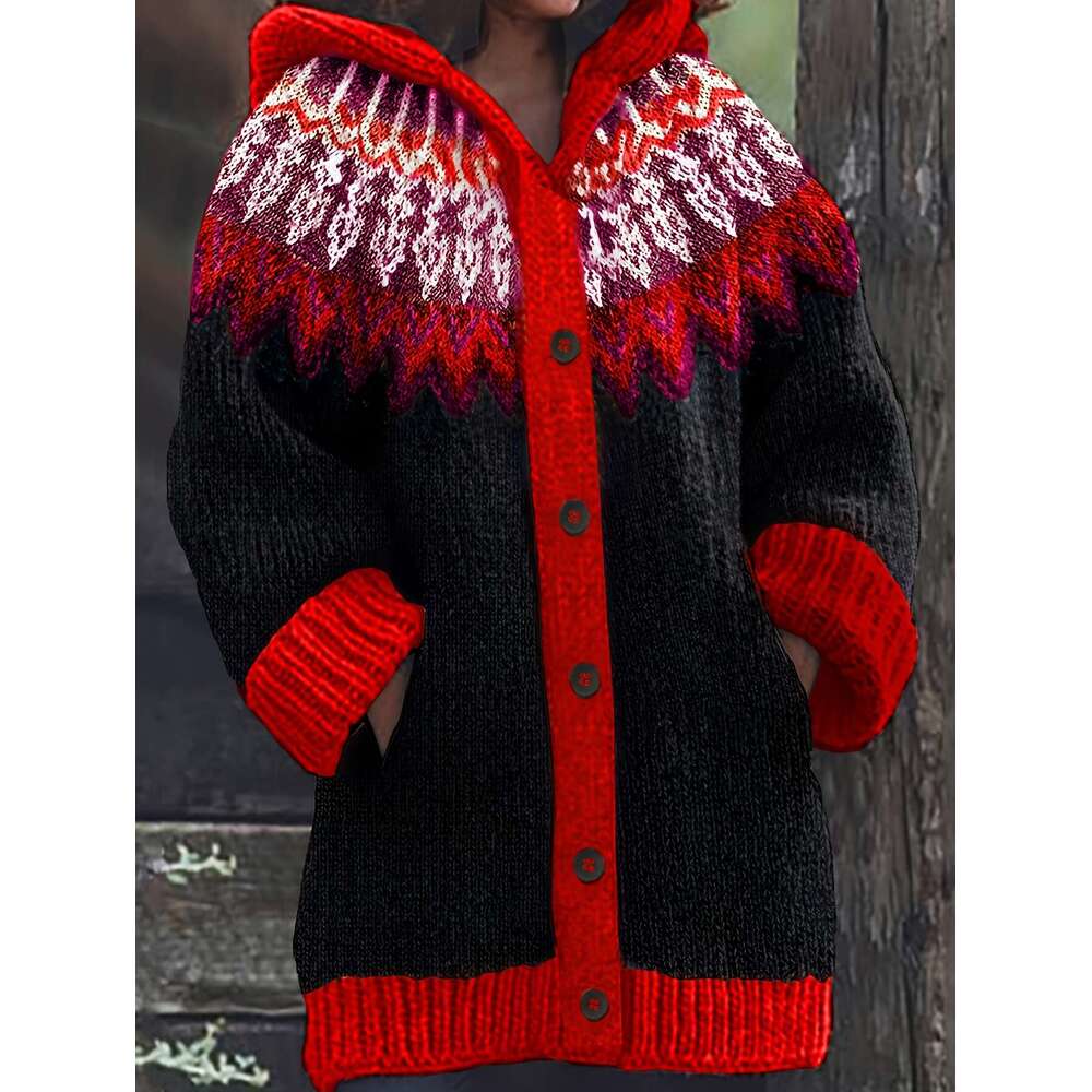 Plus Size, Soft Thick Jacquard Snow Mountain Glacier Gradient Tie-Dye Hooded Cardigan Elegant Fashion Comfortable Casual Vintage Sweater Oversized Jac