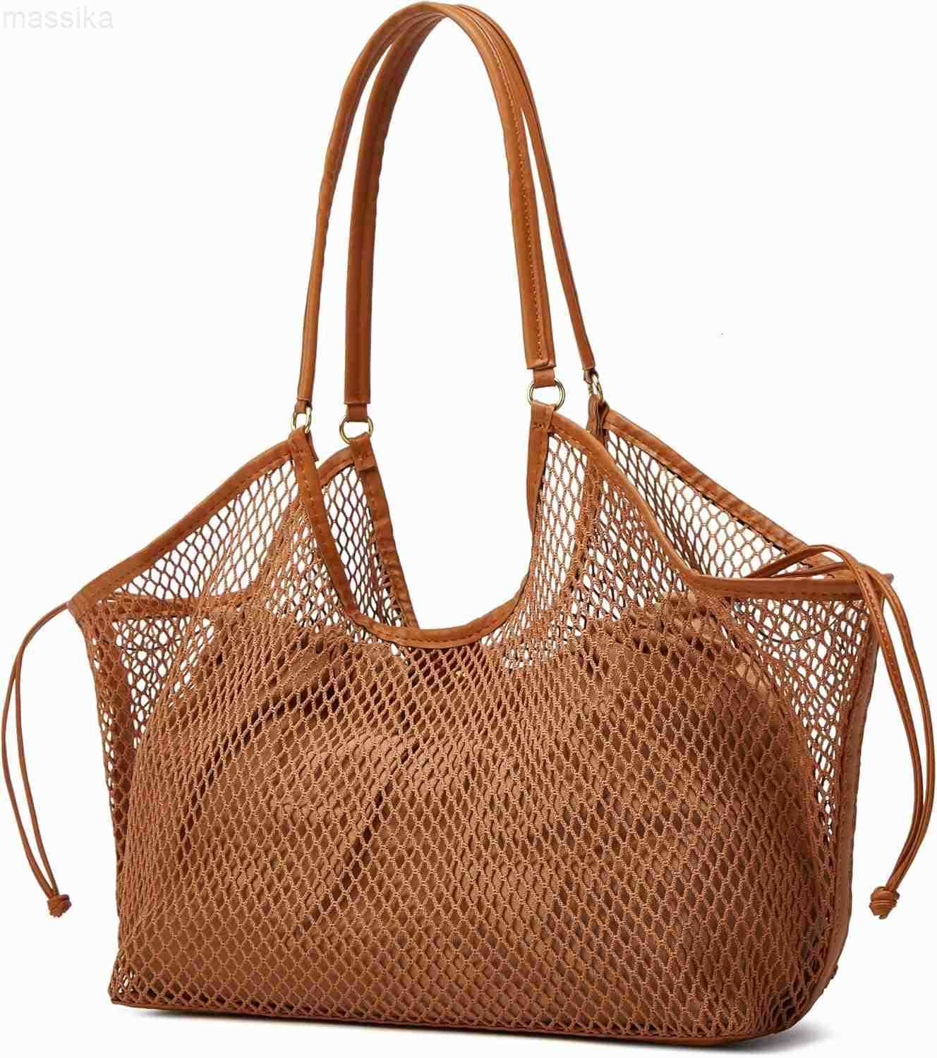 Large Mesh Hobo for Women Summer Beach Bag with Inner Bag Large Tote Elegant Purses for Vacation Travel M251017