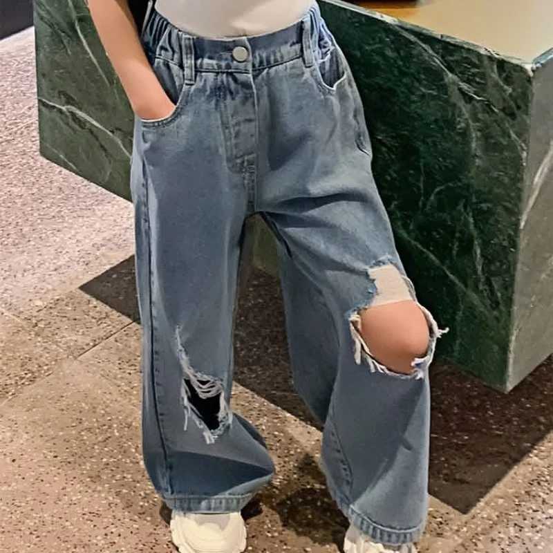 Fashion Forward Children Cotton Ripped Wide Leg Jeans Stylish and Comfortable Denim Pants for 3 8 Y Kids GirlsT251017