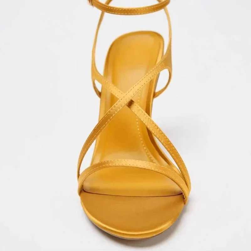 Yellow Narrow Band Shallow Design Brand Sandals Women Fashion Open Toe Ankle Buckle Heeled Sandals Elegant Banquet Dress Shoes Z251015