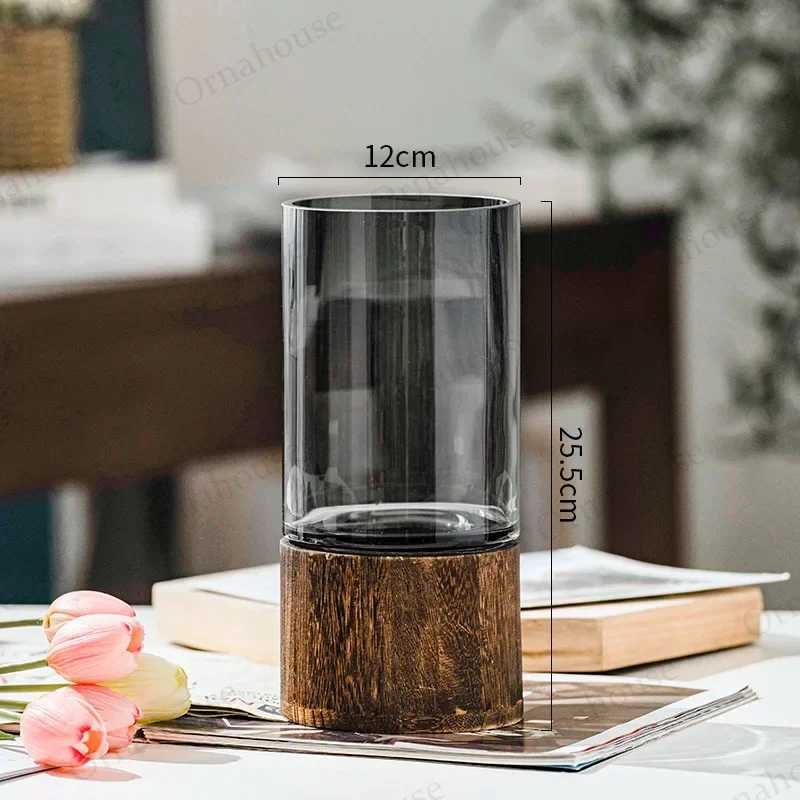 Modern Simple Creative Glass Vase with Wooden Base for WaterGrown Flowers Living Room Dining Table Decorative Flower Arrangemen C251017