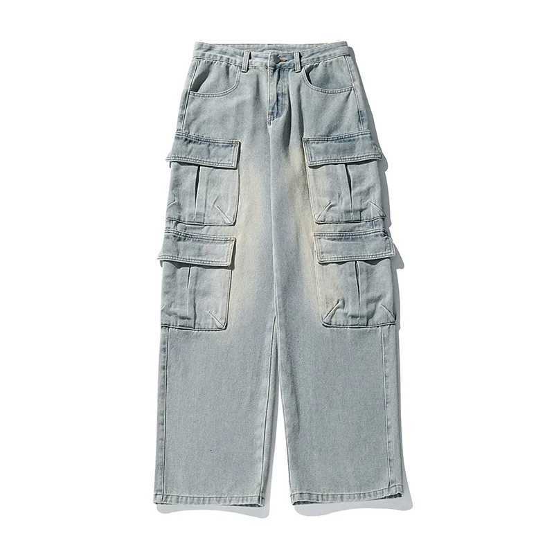 Mens workwear multipocket jeans distressed washed retro Japanesestyle casual pants loose trousers Y251105
