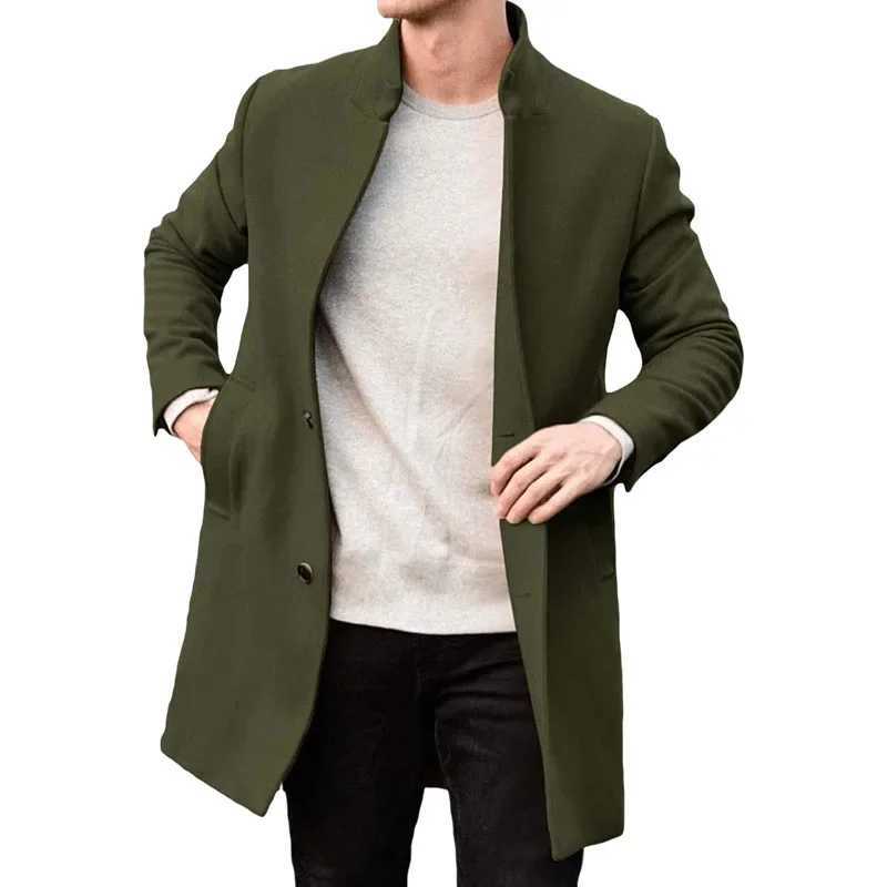 British Style Men Woolen Coat Stand Collar Singlebreasted Elegant Male Blazer Trench Coat Midlength Long Winter Warm Overcoat J251017