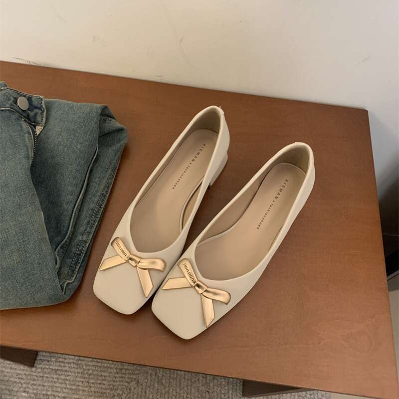 2025 Spring Autumn Women's Designer Shoe - Black French Style Bow Metal Square Toe Shallow Mouth Chunky Heel Work Shoes