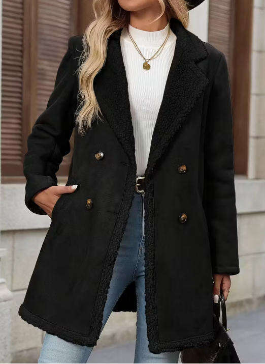 Autumn Winter New Suede Velvet Coat Fashion Casual Turn-Down Collar Mid-Length Warm Woolen Women's Overcoat B5