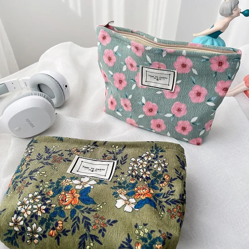 Corduroy Makeup Bag Organizer Clutch Retro Flower Print Cosmetic Bag Wash Women Travel Make Up Pouch Beauty Toilet Storage Cases251011