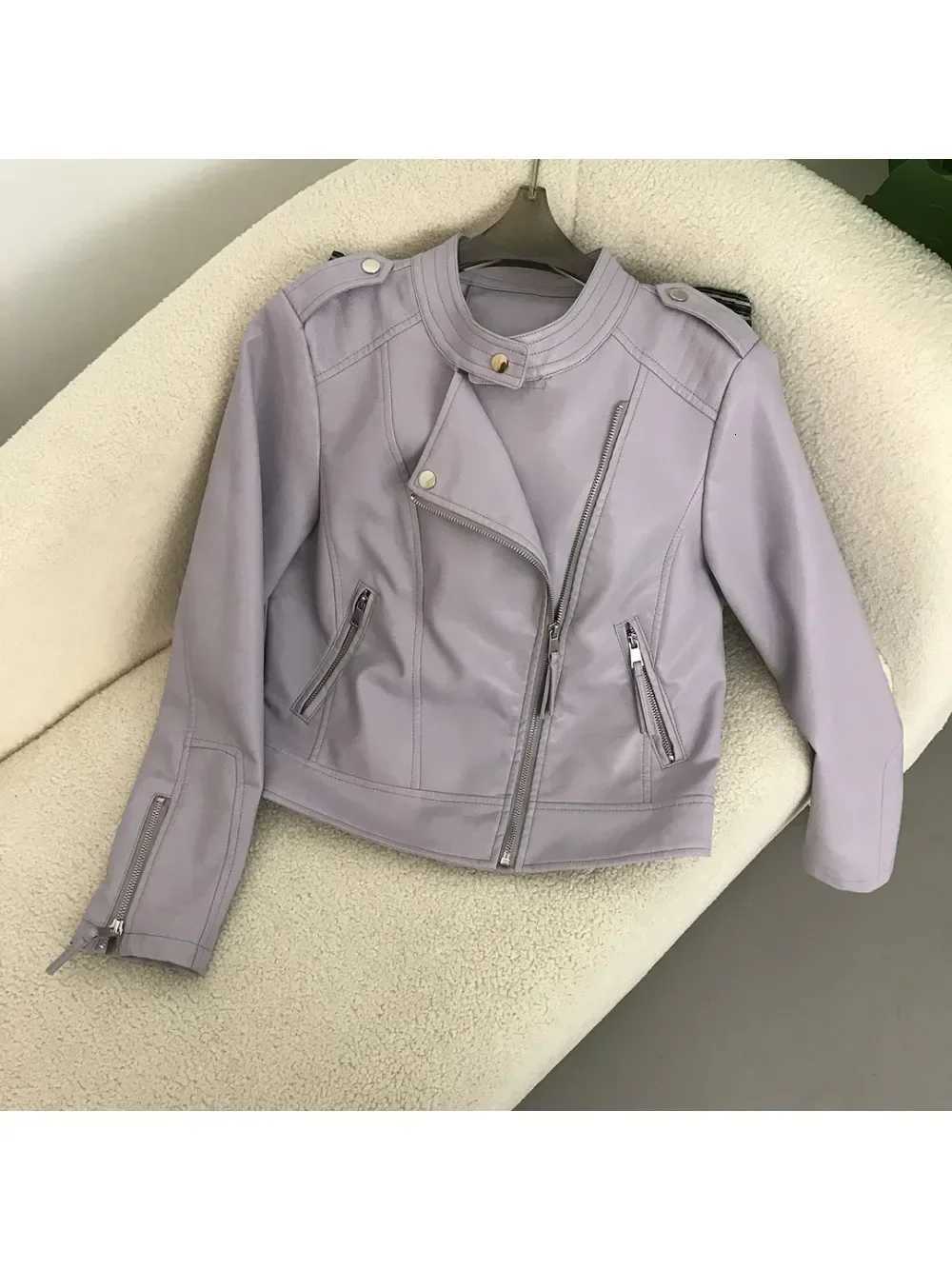 Ladys PU Leather Coat Trend Stand Collar Slim Zipper Simple Cropped Leather Jacket for Women Spring Autumn Motorcycle JacketsT251017