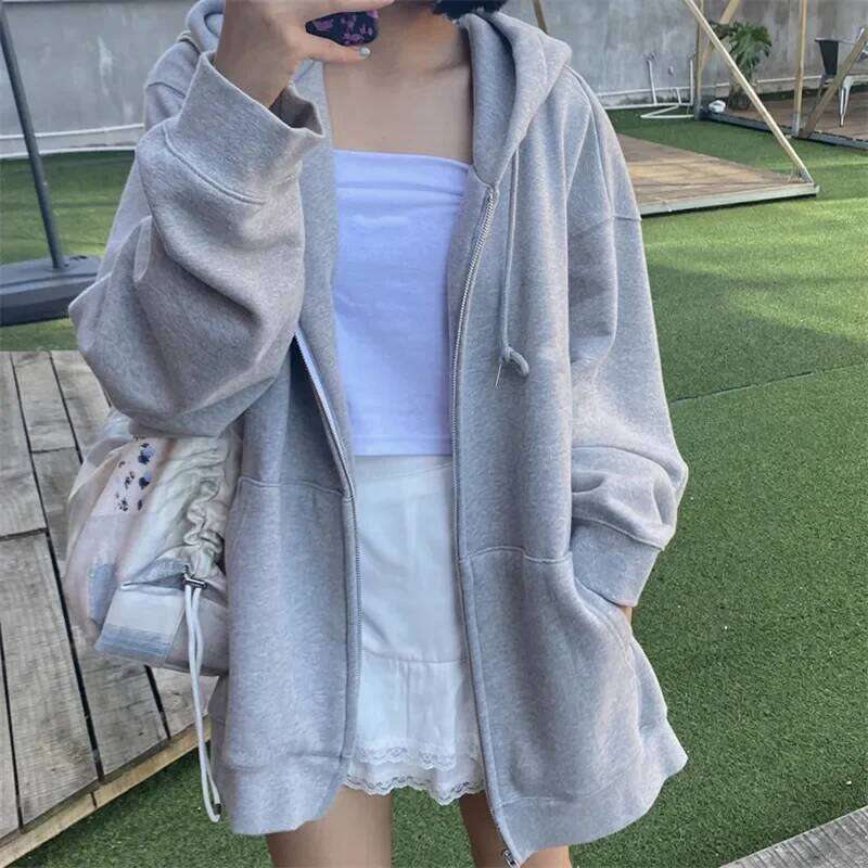 Grey Hooded Sweatshirt Women's Loose-Fit Fleece-Lined Casual Sports Jacket Spring Autumn Long Sleeve Zip-Up Cardigan Top