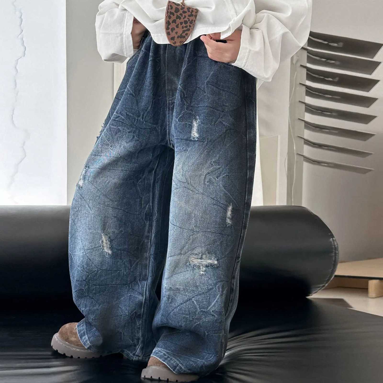 Boys Autumn Burst Pattern Jacquard Jeans Trendy Brand Straight Casual Trousers 2025 New Childrens Loose PantsT251017