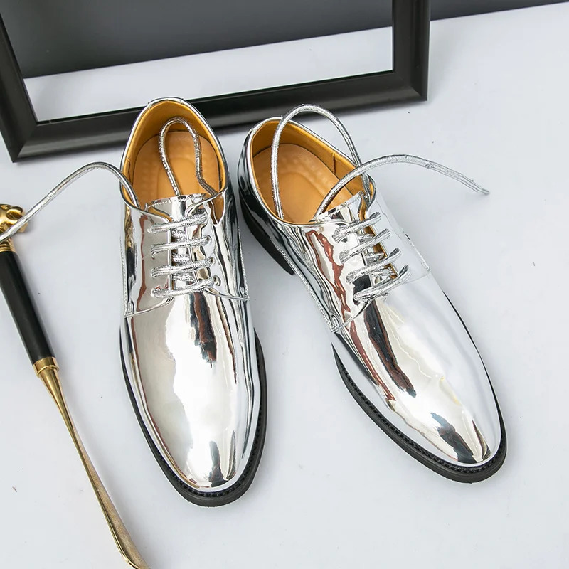 Silver Man Patent Leather Shoes Large Size 3850 Party Dress Wedding Shoes Men Pointed toe Leather Shoes Oxford 251010