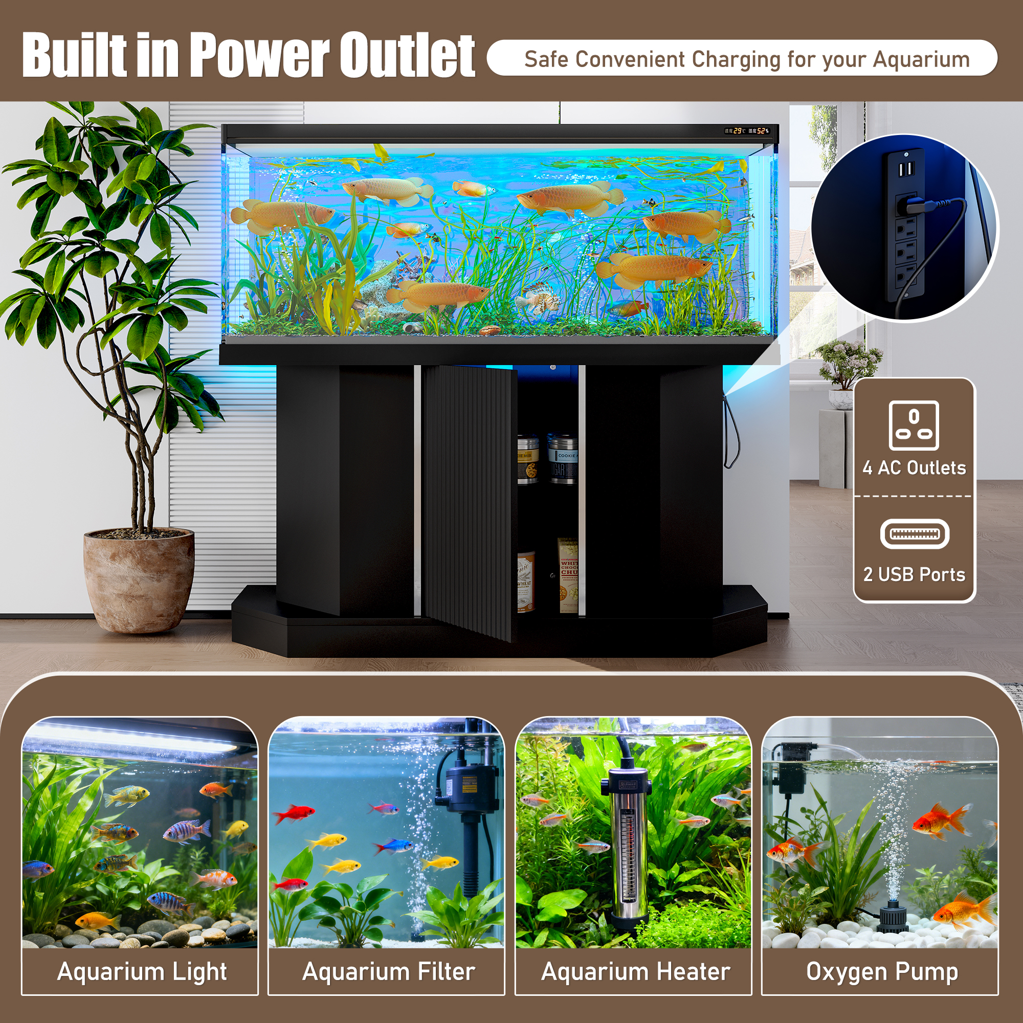 Modern 55-75 Gallon Fish Tank Stand with Power Outlet (4 AC 2 USB Ports) Heavy Duty Aquarium Stand with Cabinet Storage for Turtle Tank Reptile Terrar