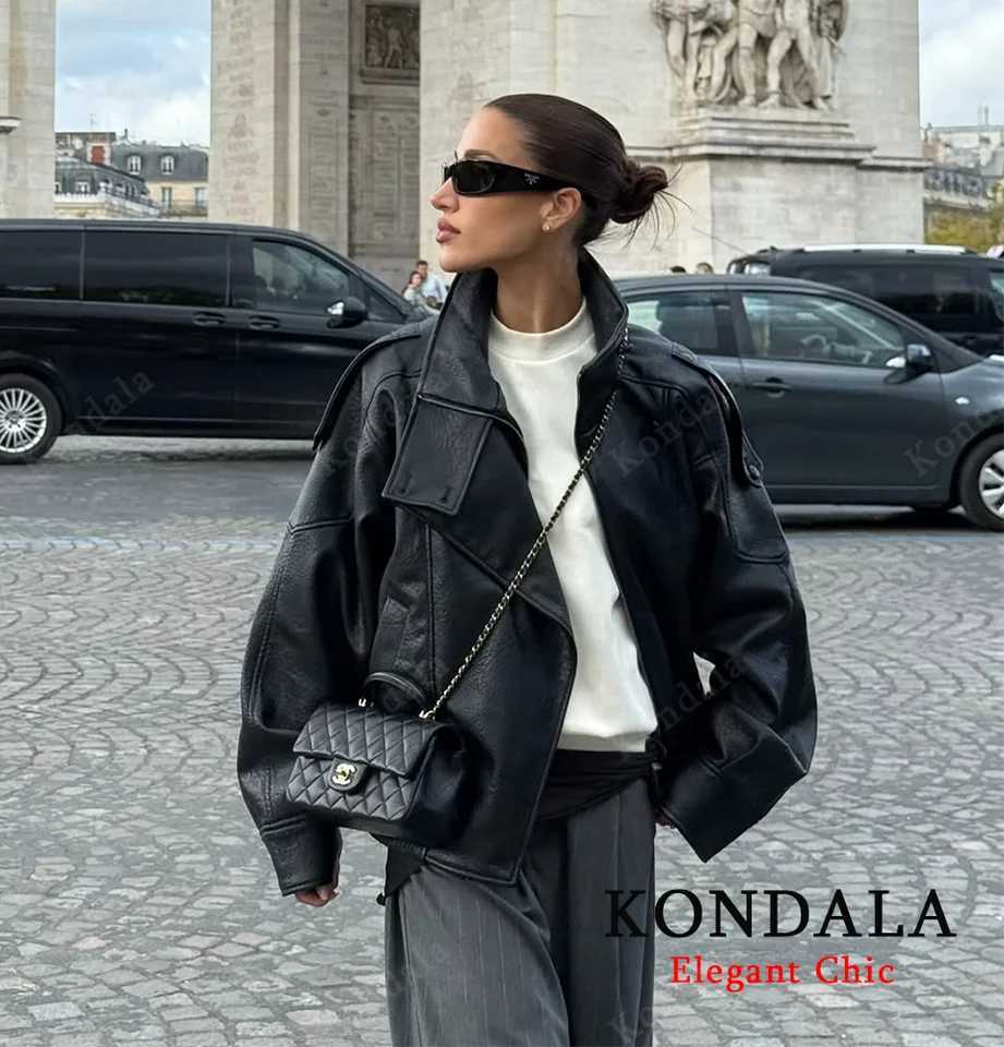 KONDALA Stand Collar Leather Jacket Womens Fall Winter Zipper Faux PU Leather Loose Jacket 2025 Fashion Female Elegant JacketT251017