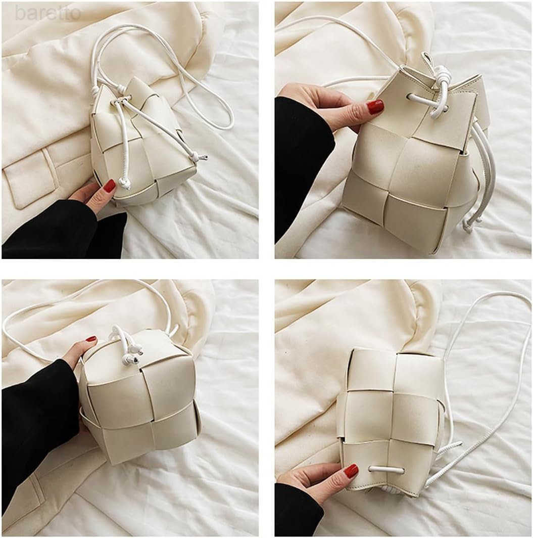 Mini Woven Bucket Bag for Women PU Leather Small Hobo Handbag Square Lattice Drawstring Crossbody Handbags Soft Z251017
