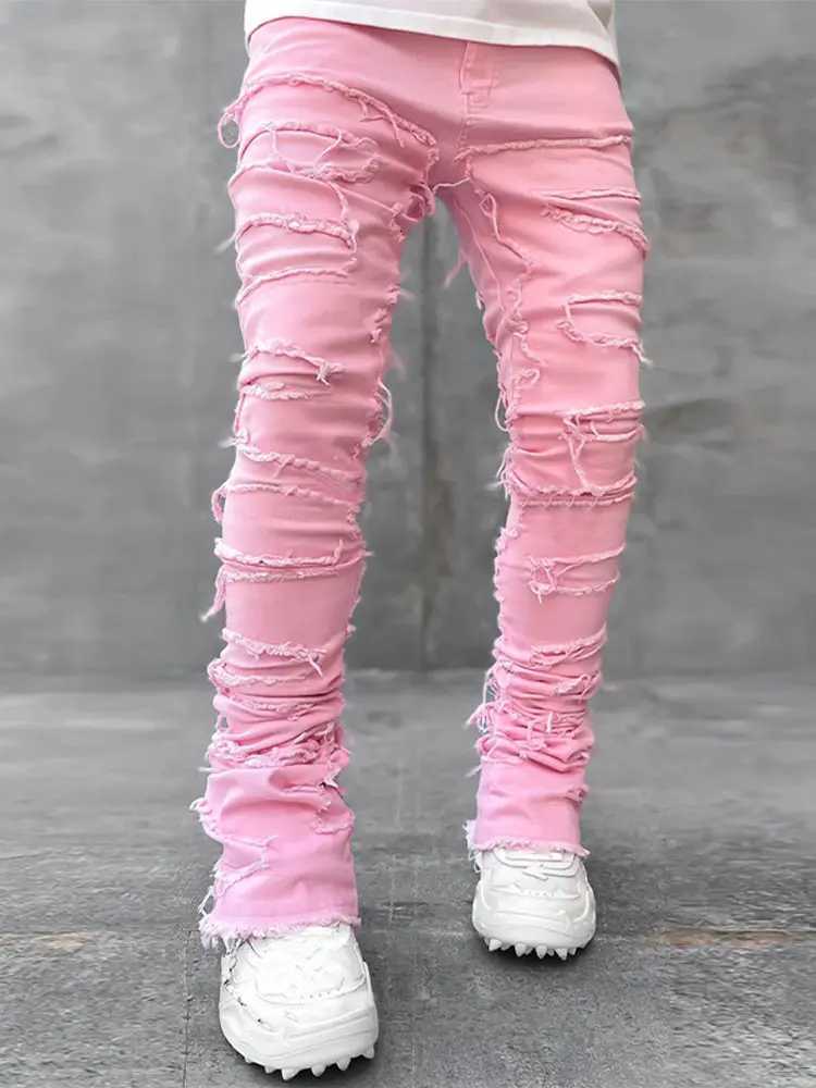 Y2K Mens Old Ripped Jeans Slim Fit PaTCh StreTCh Blue Black Pencil Denim Pants 2025 Autumn Harajuku Streetwear Y251105
