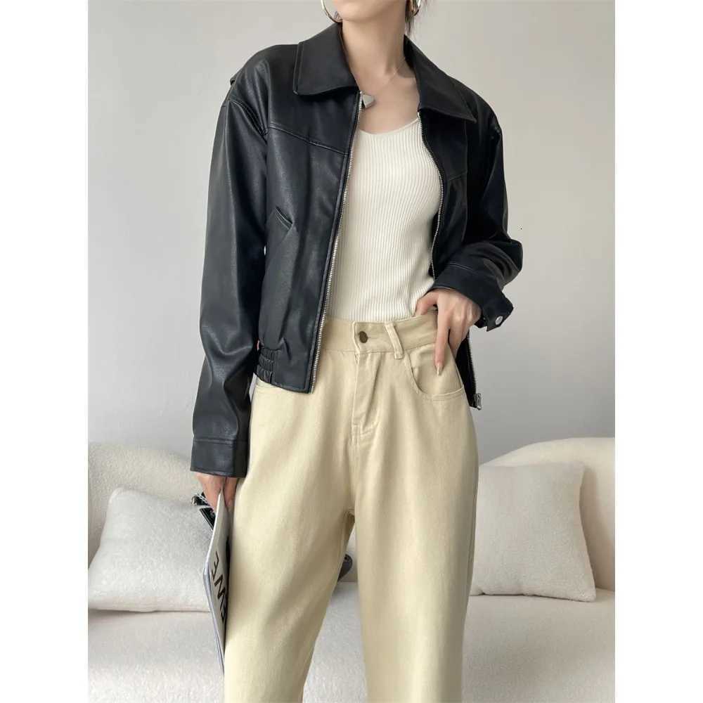 Leather Coat Lady 2024 Autumn Winter American Vintage PU Leather Jacket Small Motorcycle Faux Leather Jacket Women High StreetT251017