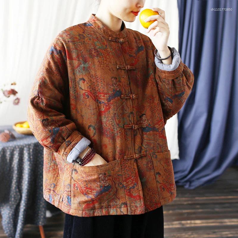 Women's Jackets Pastoral Cotton Pattern Printed Short Cotton-padded Jacket Womens Autumn-winter Vintage Disc Buckle Loose Version Thickened