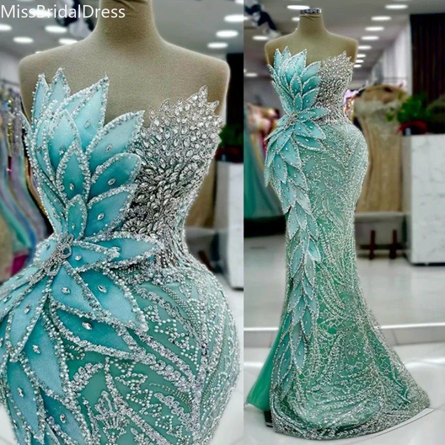 2025 Mint Mermaid Prom Dress Illusion Promdress Evening Formal Gowns for Special Occasion Beaded Rhinestones Lace Leaf Birthday Dress Second Reception Gown 0924