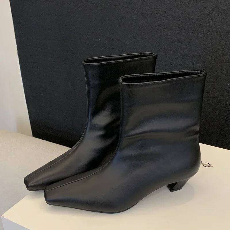 2026 White Elegant Pointed Toe Sewing Leisure Thin Heels Women Boots Mid-Calf Brown Shoes Spring/Autumn