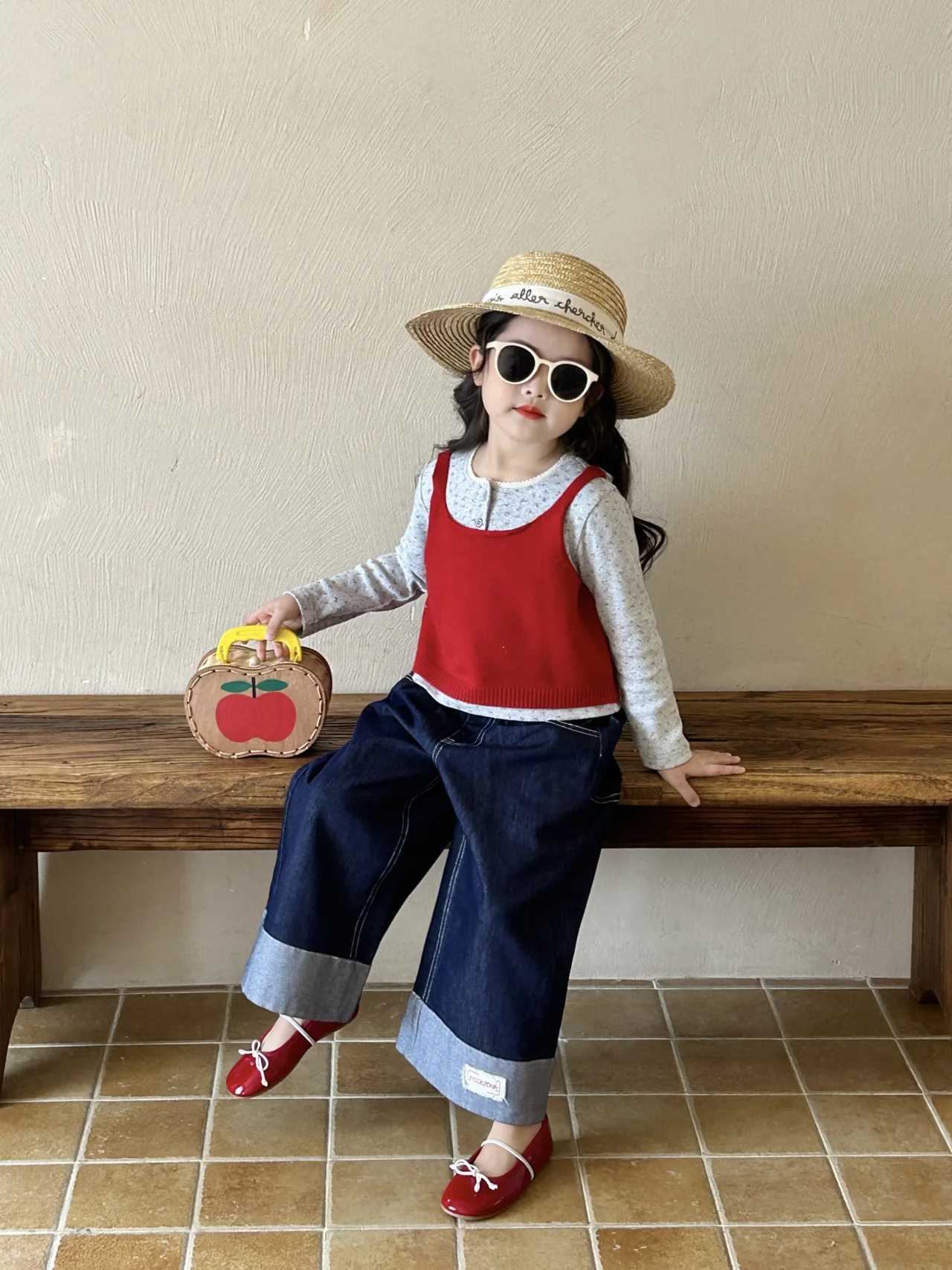 Children Denim Straight Leg Pants 2025 Spring Summer New Korean Girls Flip Up Pants Children Pants JeansT251017