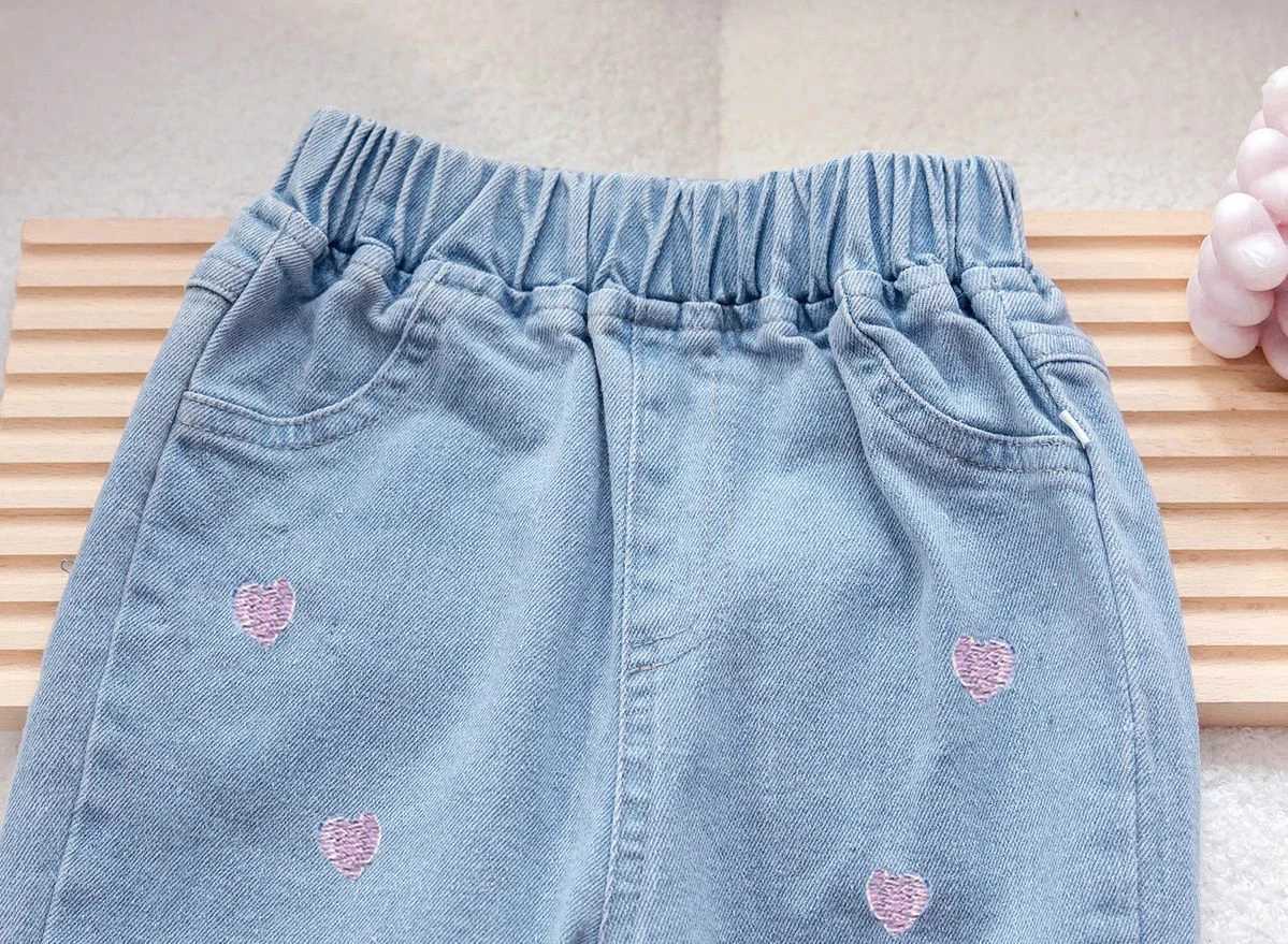 IENENS kpop clothes for girls kids slim straight jeans light blue embroidery denim pants for 16 yearsT251017