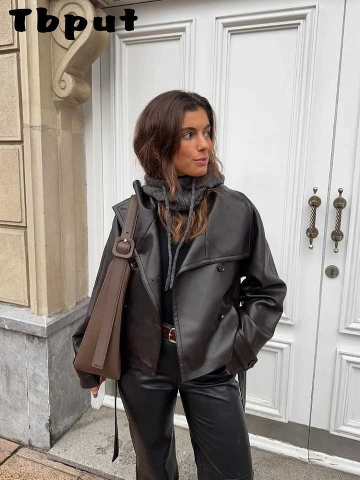 Pu Leather Women Jacket Solid Long Sleeve Lapel Double Breasted Street Female Coat 2025 Autumn Winter Casual Lady OutwearT251017