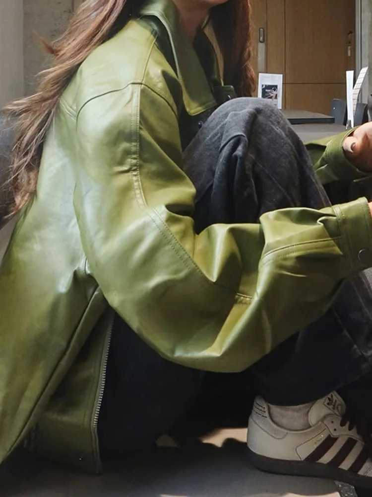 DFCF Women 2025 Autumn Winter Faux Leather Coat Casual Loose Imitate Leather Coat Female Vintage Zipper Lapel Leather JacketT251017