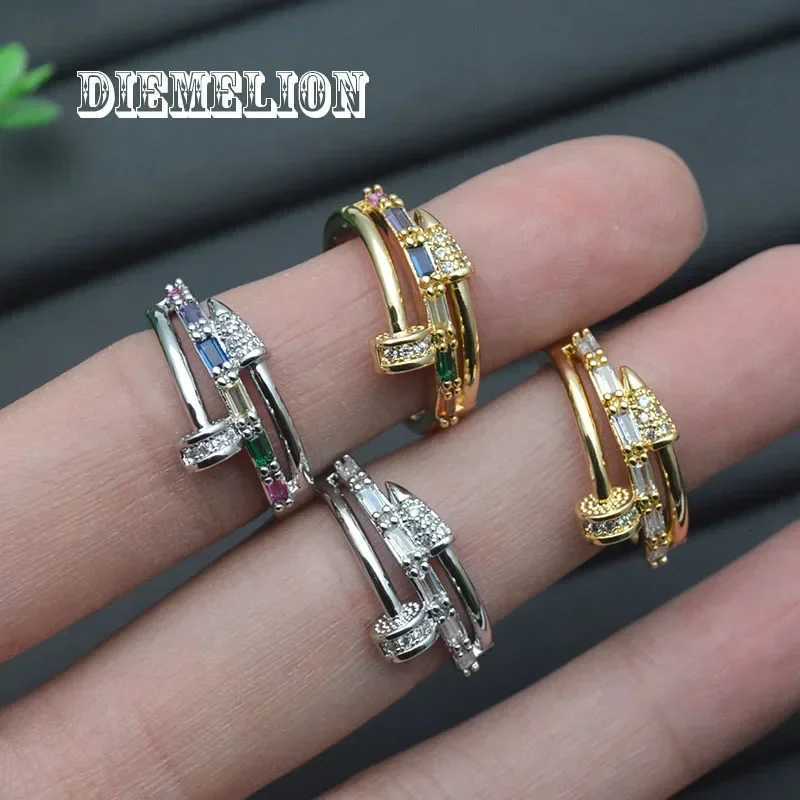 GoldSilver Plated Trendy Multilayer Screw Nail Ring for Women Rainbow AAA Zircon Open Adjustable Ring Daily Simple Jewelry Z251017