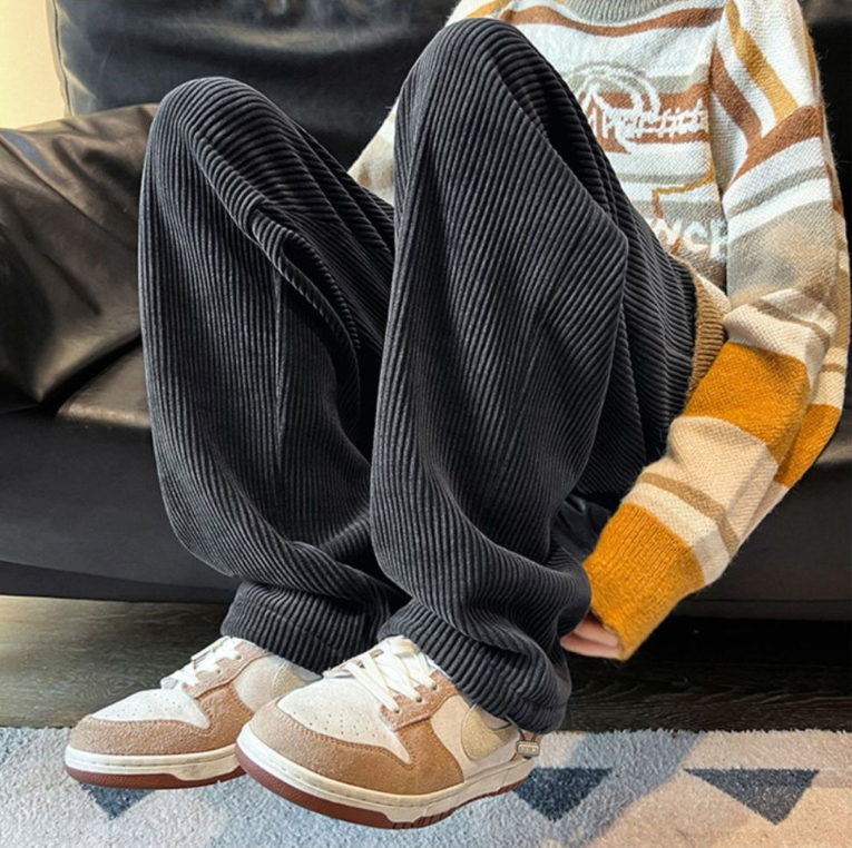 Corduroy pants for men, spring and autumn fashion brand American wide-leg pants with a sense of drape, loose straight-leg pants, casual long