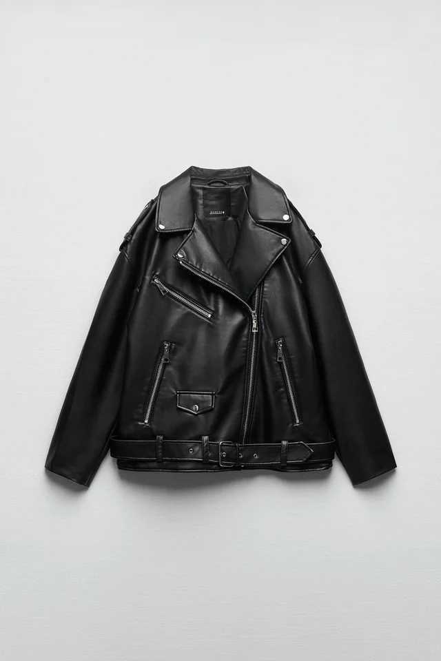 Imitation leather motorcycle loose jacket for ladies 2024 new epaulette decoration diagonal zipper down shoulder lazy coatT251017