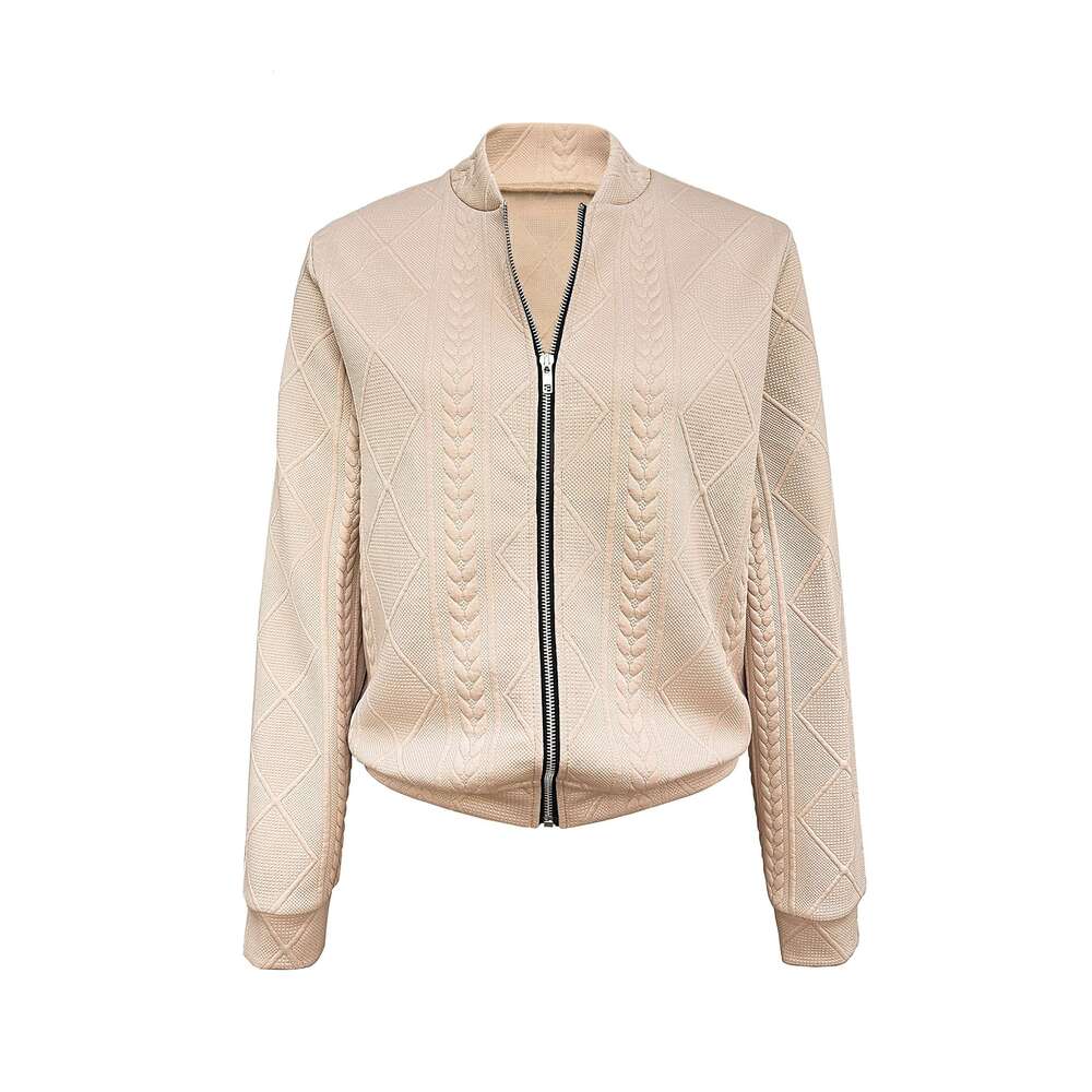 Zip Front Textured Jacket, Casual Solid Color Long Sleeve Jacket For Spring & Fall, Women's Clothing