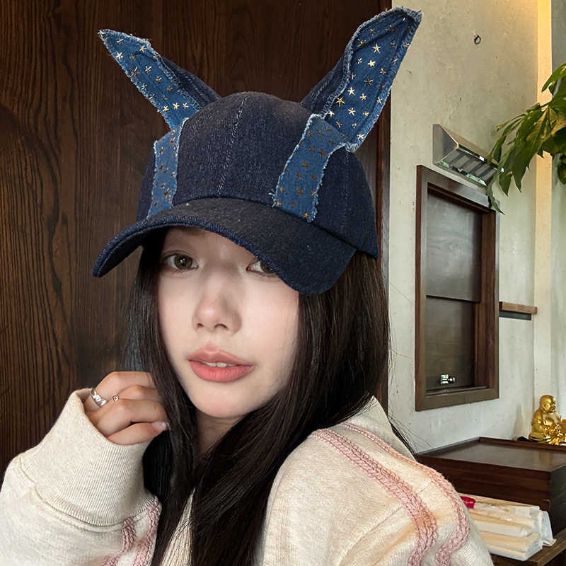 New Denim Color Block Doberman Ears Baseball Cap Niche Fashion Versatile Travel Trendy Cool Personality Duckbill Cap for Women W251017