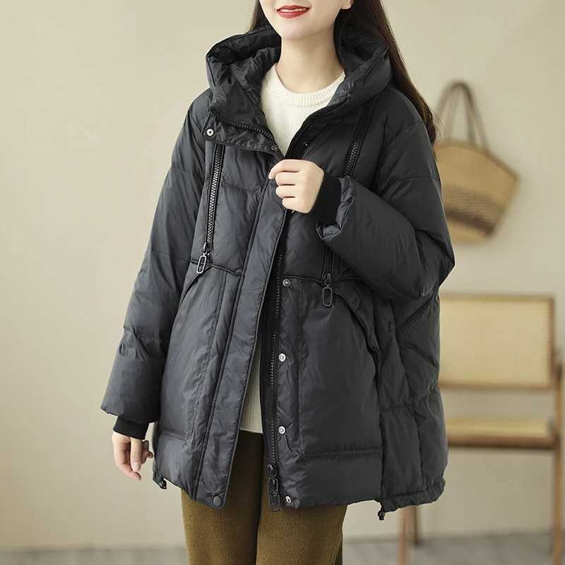 New 2023 Winter Fashion Parkas Womens Warm Loose Duck Down Jackets Ladies Casual Hooded Coats Vintage Snow Clothing W251016