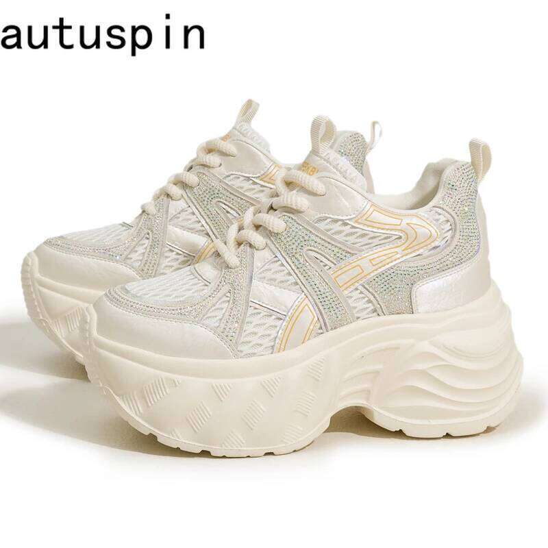 AUTUSPIN 2025 Winter for Woman 9.5cm High Chunky Sneakers Trendy Shiny Crystal Sneaker Mesh Women's Vulcanize Shoes