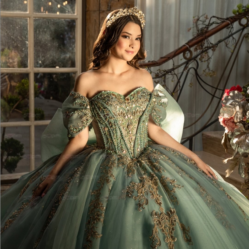 Mint Green Shiny Quinceanera Dresses Off The Shoulder Gold Applique Lace Beads Bow Tull Corset Party Birthday Sweet 16 Dres Vestidos 15 De Anos
