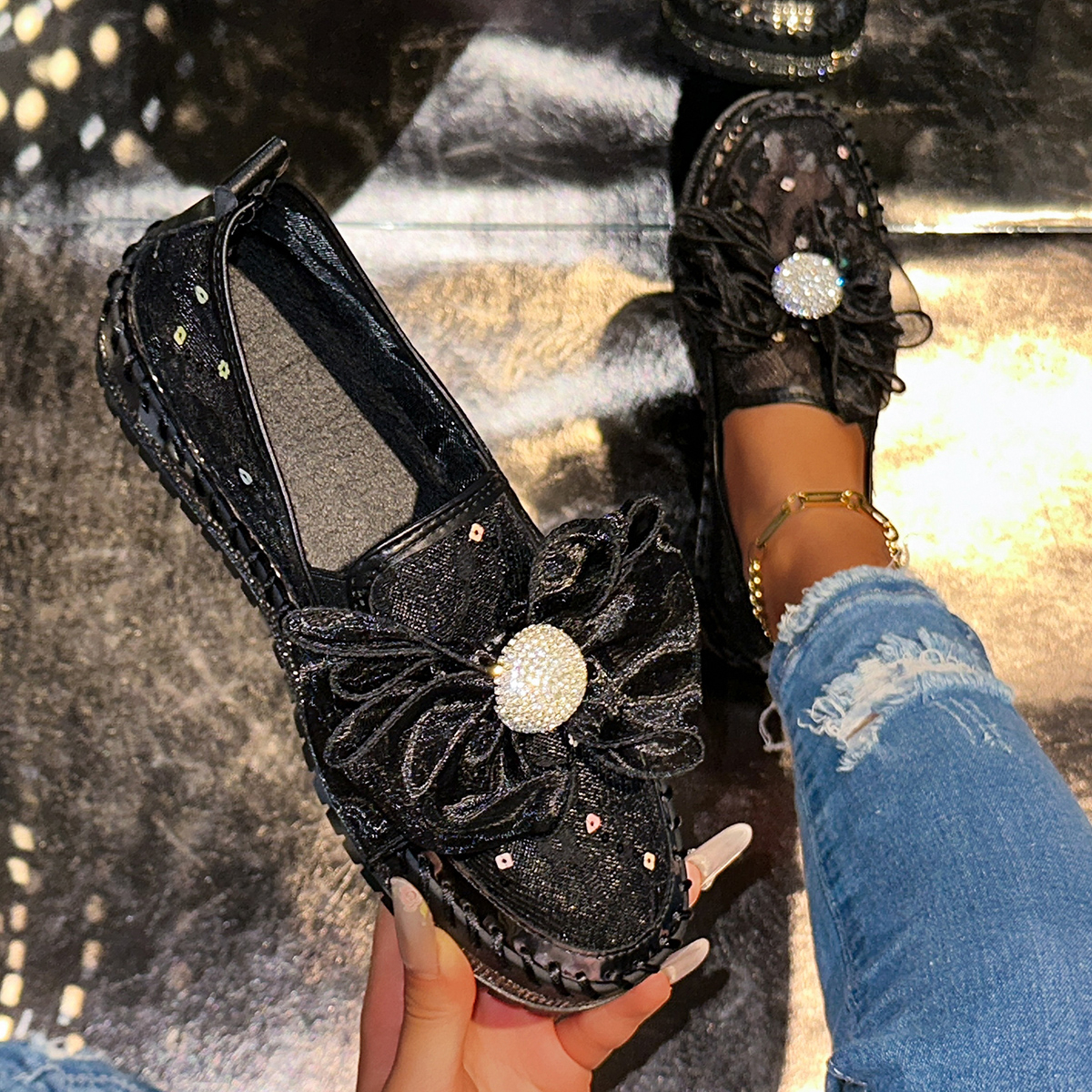 Platform Diamonds Butterfly Knot Women Luxury Flats Bling Woman Rhinestone Ladies Casual Mesh Chunk Sole Slip-on Shoes Summer Outdoor Casual Shoes Siz