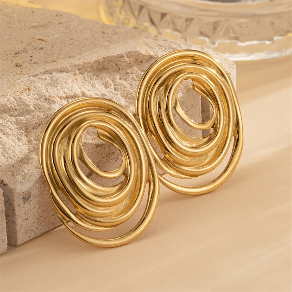 Stainless Steel Oval Line Stud Earrings Exaggerated Gold Color Party Earrings Women Simple Jewelry Accessories 251016