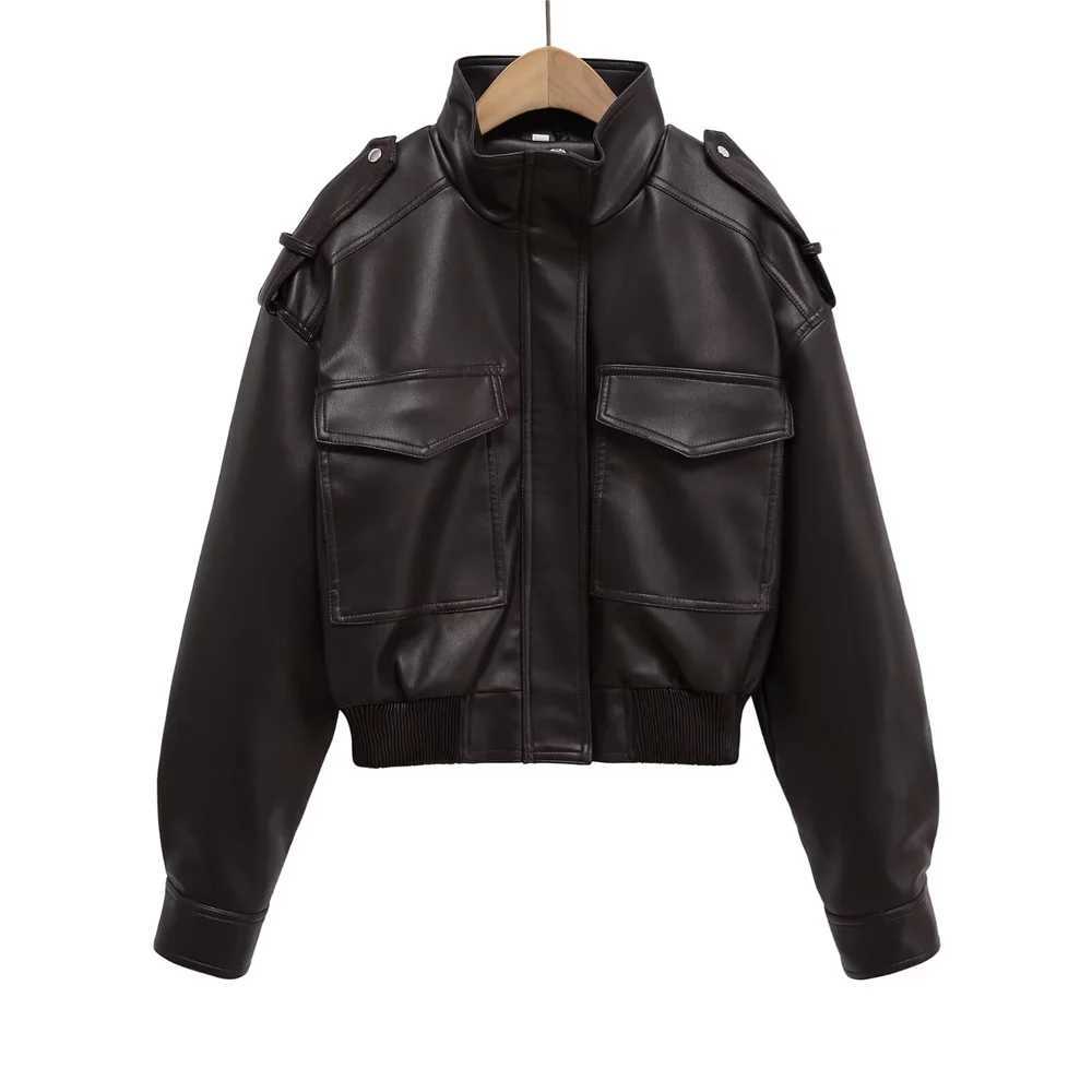 New Womens Fashion Versatile Bright Face Imitation Leather Stand up Collar Long Sleeve Short CoatT251017