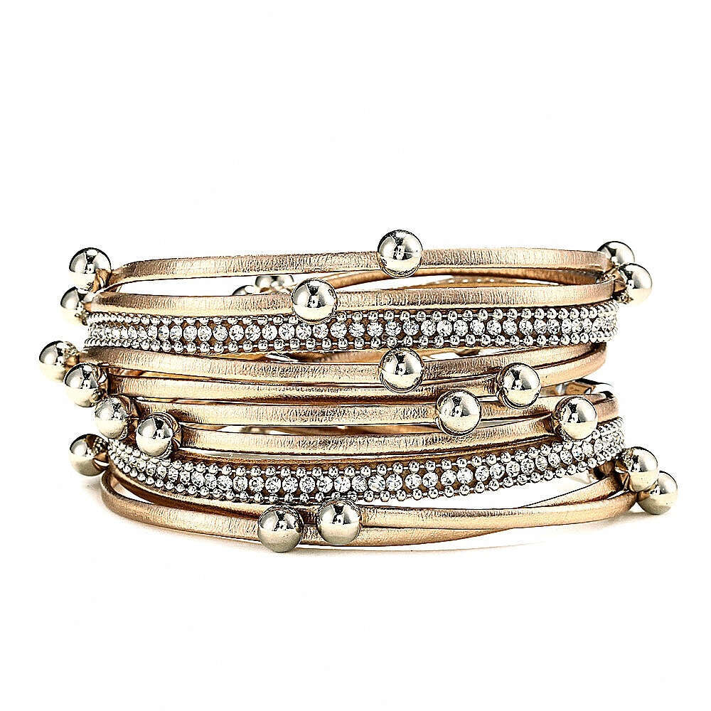 Fashion Niche Two-Circle Beaded Leather Multi-Layer Bohemian Alloy Magnetic Bracelet