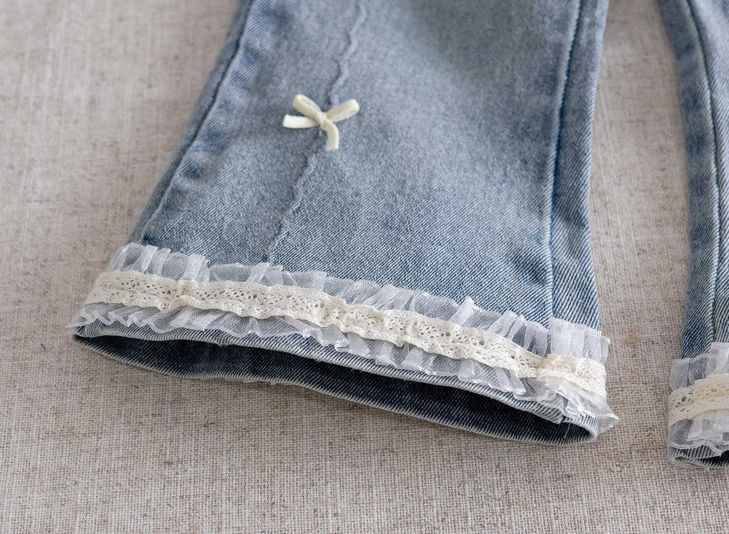 2025 Baby Girls Cute Bow Lace Jeans Denim Casual Pants Spring Autumn Fashion Kids Children Princess Cowboy Clothes TrousersT251017