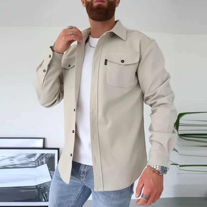 New Autumn Winter Men Long Sleeve Lapel Outerwear Coats Man SingleBreasted Solid Color Pocket Coats Mens Casual Shirt Jackets Z250918